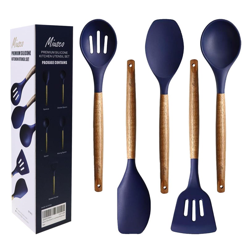 Miusco Non-Stick Silicone Kitchen Utensils Set with Natural Acacia Hard Wood Handle  5 Piece  Midnight Blue  BPA Free  Baking & Serving Silicone Cooking Utensils - Image 1